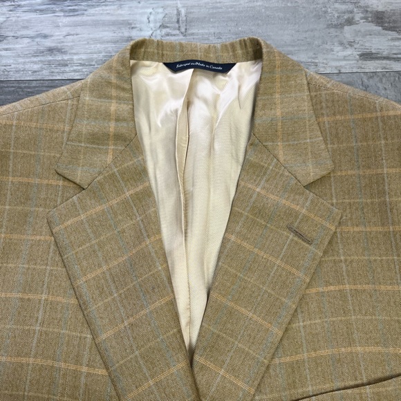 Samuelsohn Tan w/ Blue & Gold Windowpane Plaid Sport Coat 46R - Picture 2 of 6